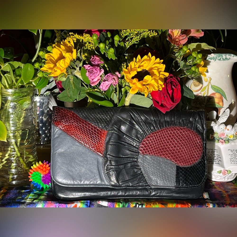 PATCH WORK LEATHER CLUTCH PURSE w/ Long Strap